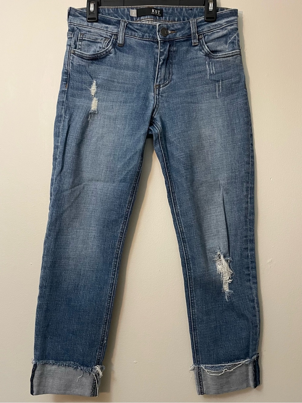 Kut from the Kloth Women’s Crop Straight Leg Distressed Medium Wash Jeans